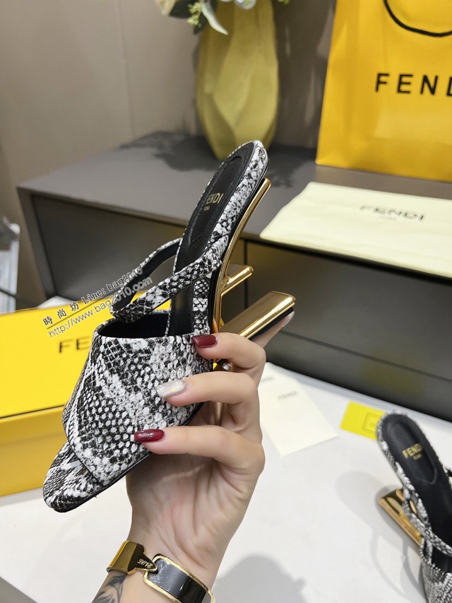 Fendi高跟涼拖鞋 芬迪First鞋 金色金屬斜對角F形立體鞋跟 dx3449